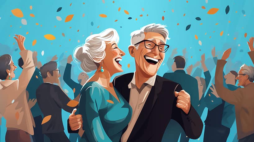 Een 65 plus senior man en vrouw dansen samen.