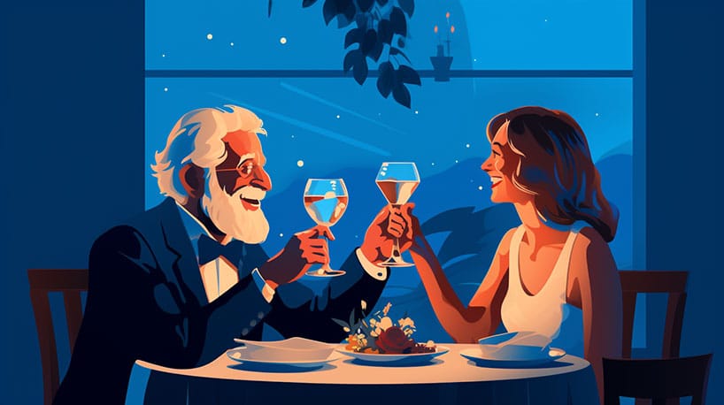 Een ouder stel geniet van een romantisch diner."