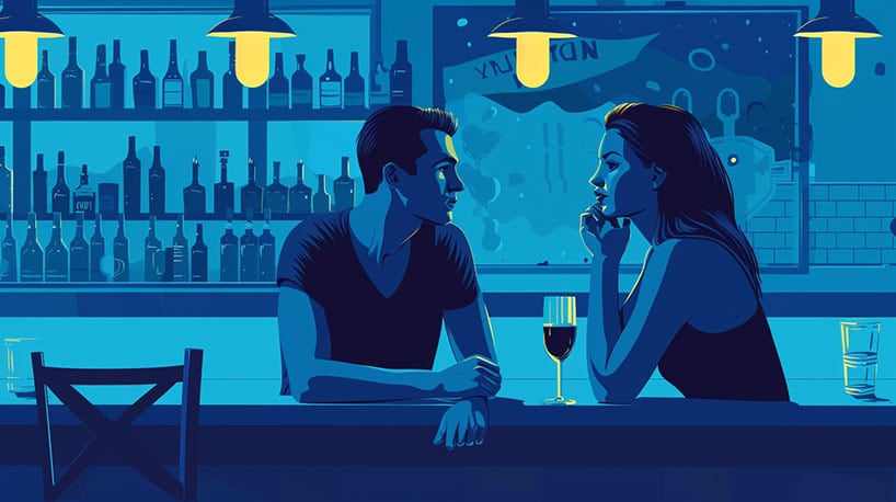 Illustratie:  twee personen in bar, een toont interesse.