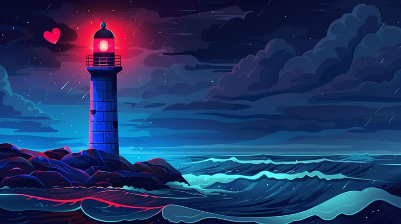 Lichtbaken op donkere zee zoekt liefdeshart symboliseert relatiebemiddeling