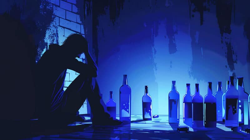break-up: Persoon zit alleen in donkere kamer, omringd door alcoholflessen