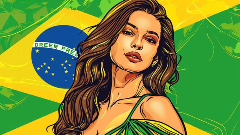 prachtige Braziliaanse vrouw staat voor een braziliaanse vlag