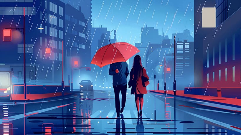 Twee collega's delen paraplu op regenachtige avond.