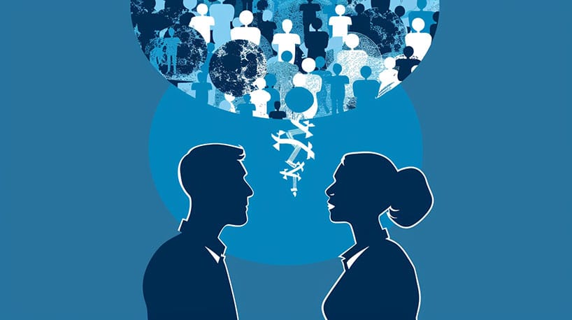 Twee mensen bespreken exclusiviteit, gedachtenbubbel toont meerdere figuren.