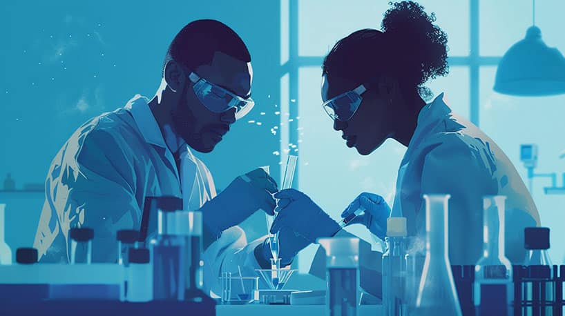 Twee wetenschappers werken samen in laboratorium, voelen onderlinge aantrekkingskracht.