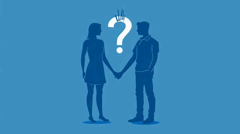 Exclusieve relatie: Twee mensen houden handen, boven hen een vraagteken.