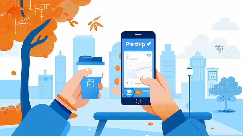 Persoon gebruikt Parship app onderweg.