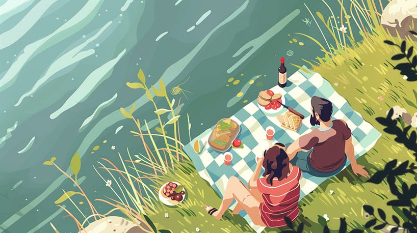 Romantische picknick aan Drents meer met lekker eten.