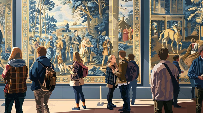 Bezoekers bewonderen 16e-eeuwse tapijten in Zeeuws museum.