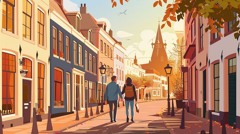 Een koppel en een gids verkennen de historische straten van Breda.