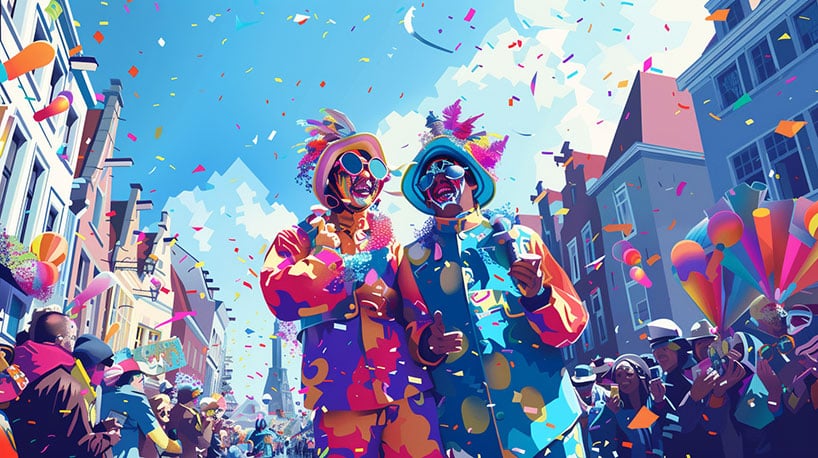 Een paar in kleurrijke carnavalskostuums tijdens Tilburgse optocht.