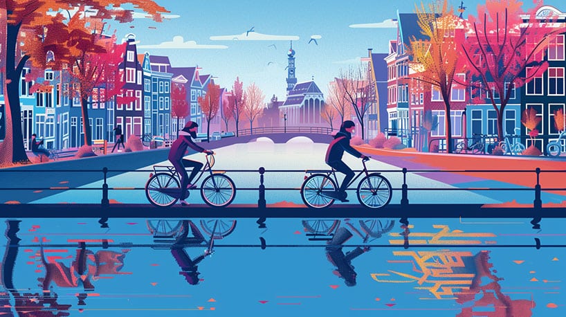 Een stel fietst langs Amsterdamse grachten, genietend van het uitzicht.
