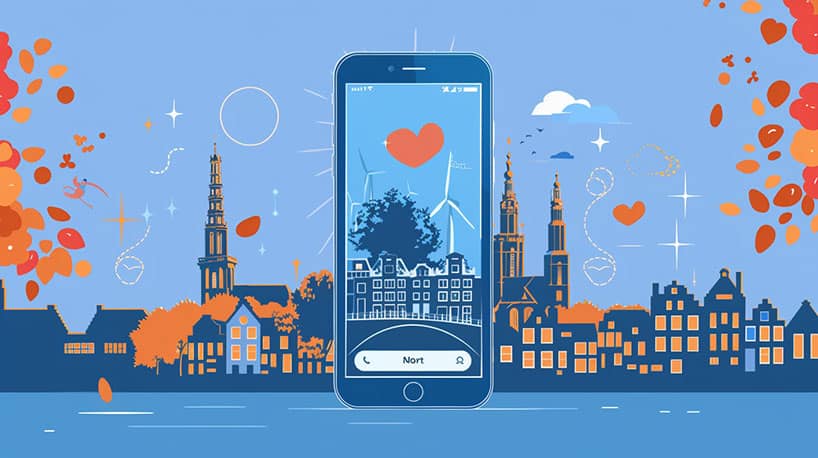 Een telefoon met datingapp en Noord-Hollandse iconen op achtergrond.