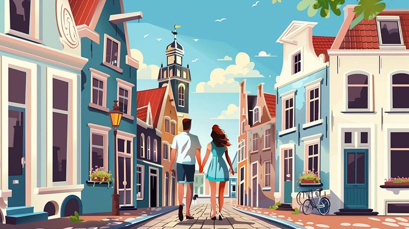 Paar wandelt hand in hand door pittoreske straten Middelburg.