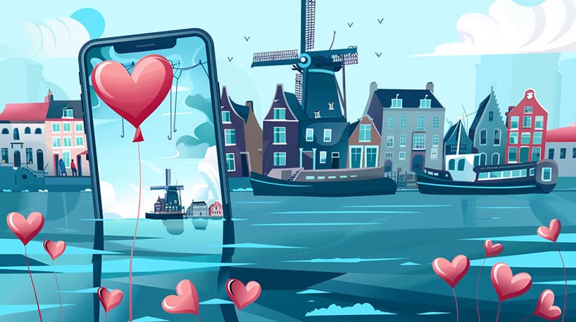 Smartphone toont dating app met Zeeuwse bezienswaardigheden op achtergrond.
