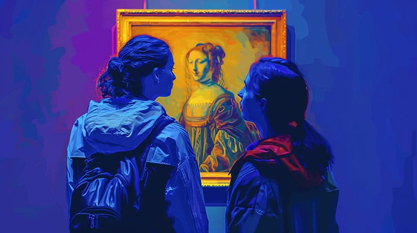 Stel bewondert schilderij met levendige kleuren in Frans Hals Museum.