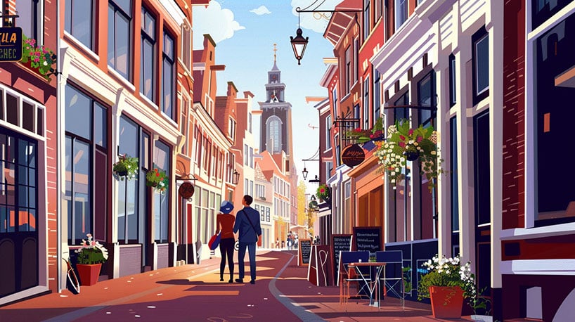 Een koppel op date hand in hand door Haarlem's historische straten.