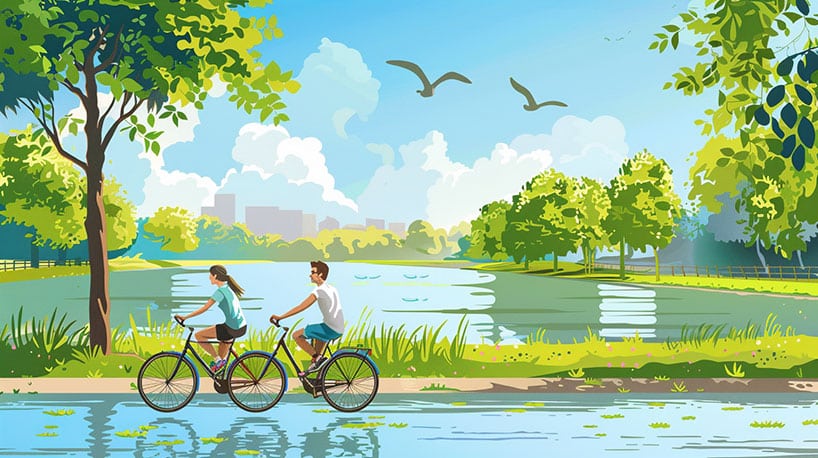 Een paar fietst of wandelt in de mooie parken van Mechelen.