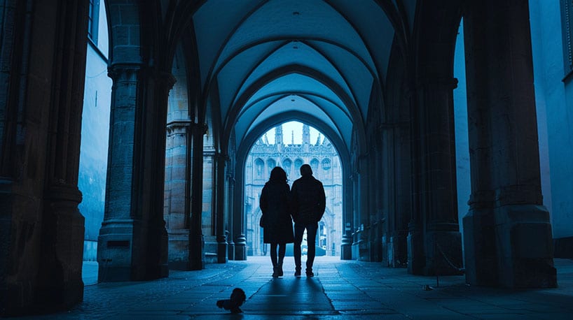 Een paar wandelt door het prachtige stadhuis van Mechelen.