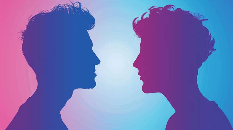 Silhouetten van mannen, een met vrouwelijke overlay, symboliseert biseksualiteit.