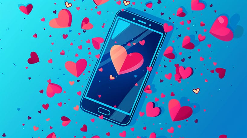 Smartphone met Tinder-interface, omringd door harten en swipes.