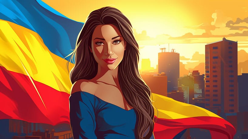 Colombiaanse vrouw in Bogotá, staand voor de Colombiaanse vlag.