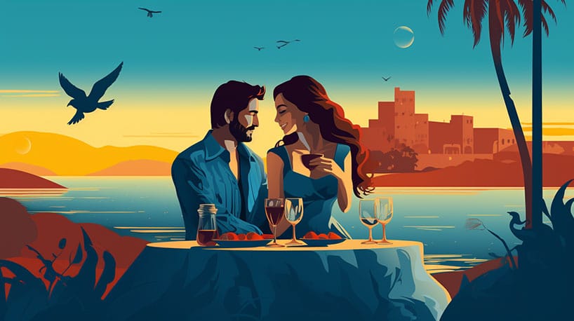 Europese man en Colombiaanse vrouw genieten van romantische date."