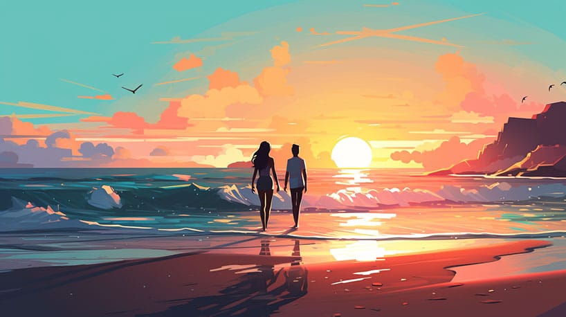 stel dat hand in hand loopt en op een prachtig strand wandelt tijdens zonsondergang