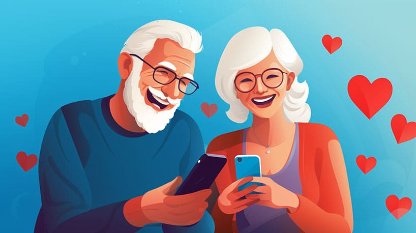Bejaard stel lacht samen naar smartphones met online dating