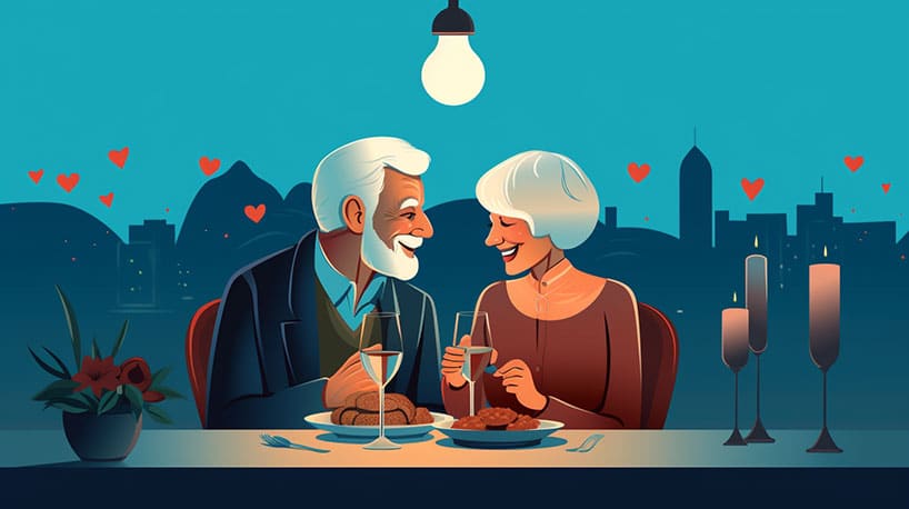 Een bejaarde man en vrouw genieten van een romantisch diner
