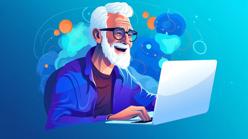 Een ouder persoon glimlachend terwijl hij aan het online chatten is.