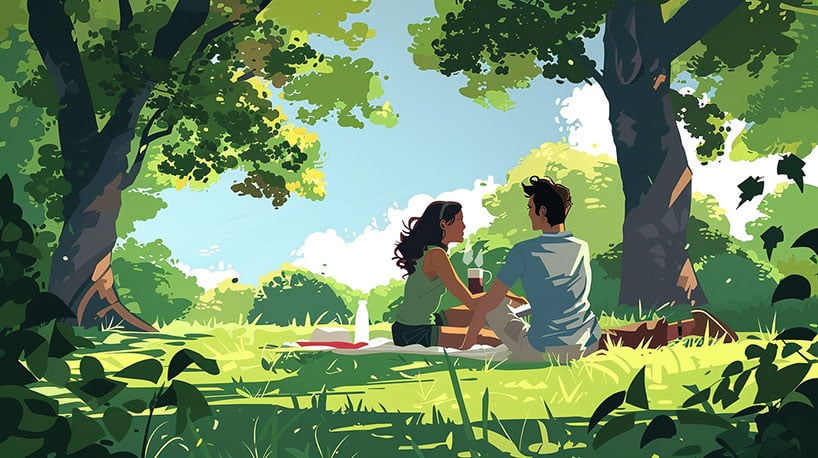 Koppel geniet van picknick in Leuvens park, omringd door groen.