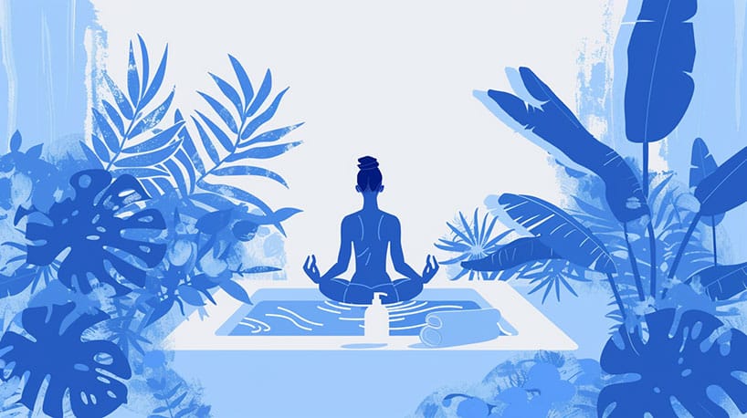 Persoon die zelfzorg beoefent: bad, yoga, huidverzorging.