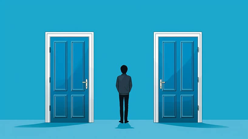Persoon tussen "Jij" en "Ex" deuren vergelijken dilemma