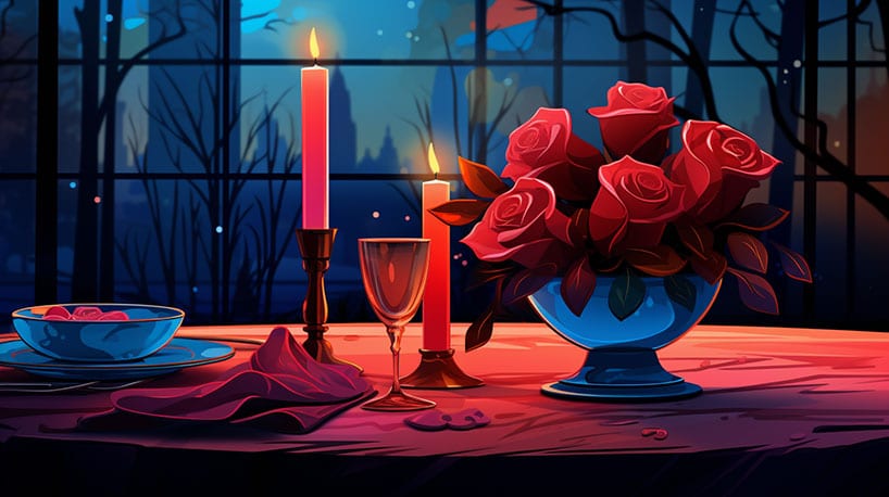 Romantische dinersetting met kaarsen en rozen