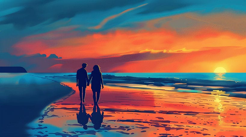Stel hand in hand op strand bij zonsondergang.