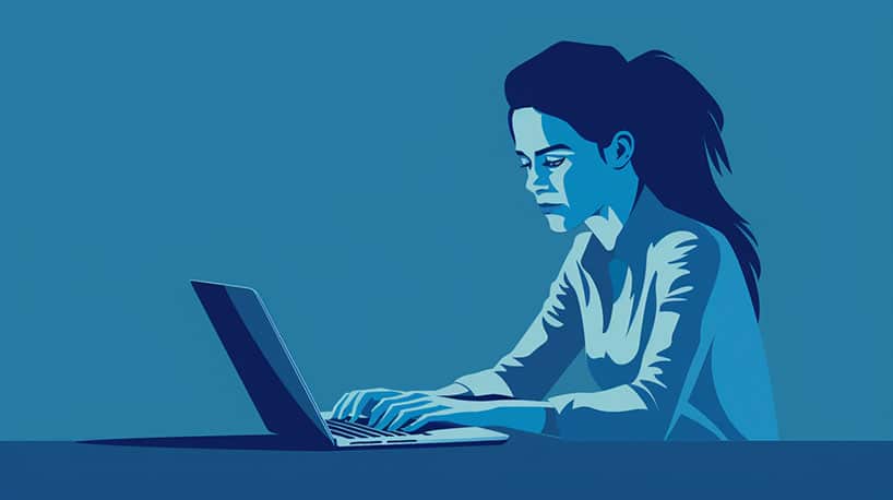 Vrouw maakt online datingprofiel op laptop