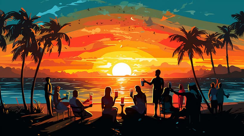 groep mensen die toosten met exotische cocktails op een prachtig strand bij zonsondergang