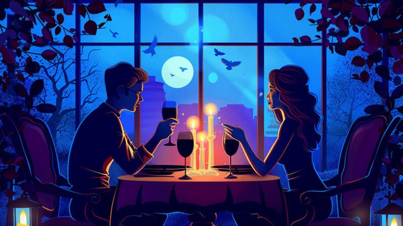 Koppel geniet van romantisch diner date bij kaarslicht