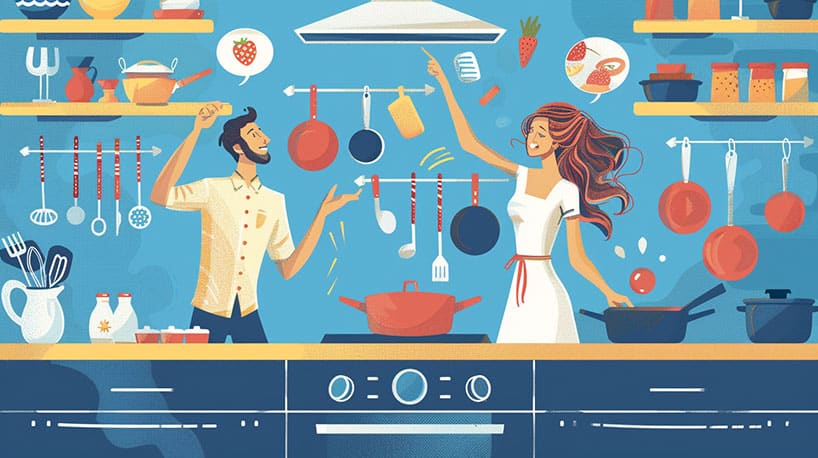 Stel kookt samen tijdens date in gezellige keukenomgeving.