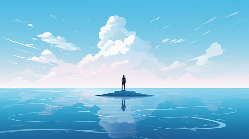 verlatingsangst: Eenzame figuur op geïsoleerd eiland te midden van uitgestrekte oceaan