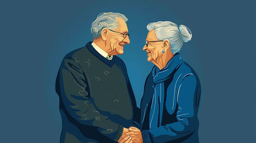 Meneer en mevrouw Lombardi, 95 jaar, innig verstrengeld en lachend.