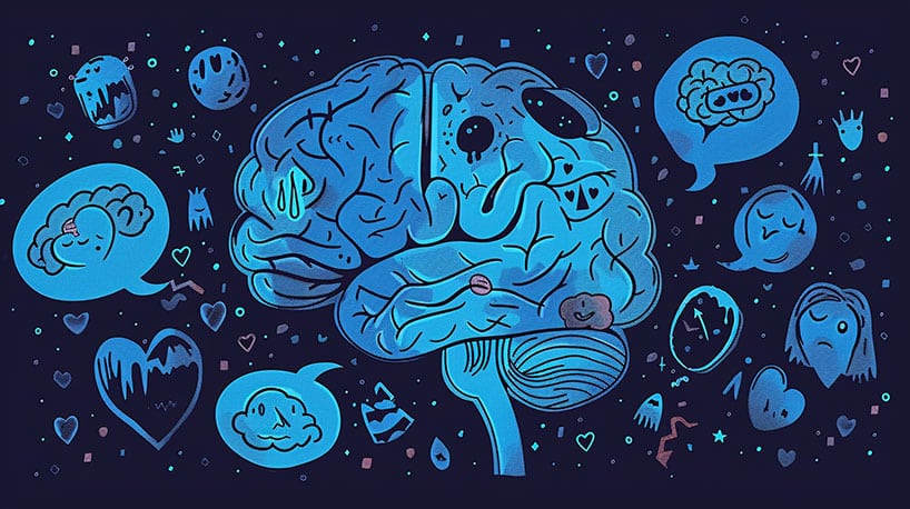 Grafiek van een brein tijdens liefdesverdriet, met emotietekstbellen.