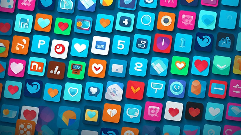 Een mozaïek van app-iconen die verschillende beschikbare gratis dating-apps vertegenwoordigen