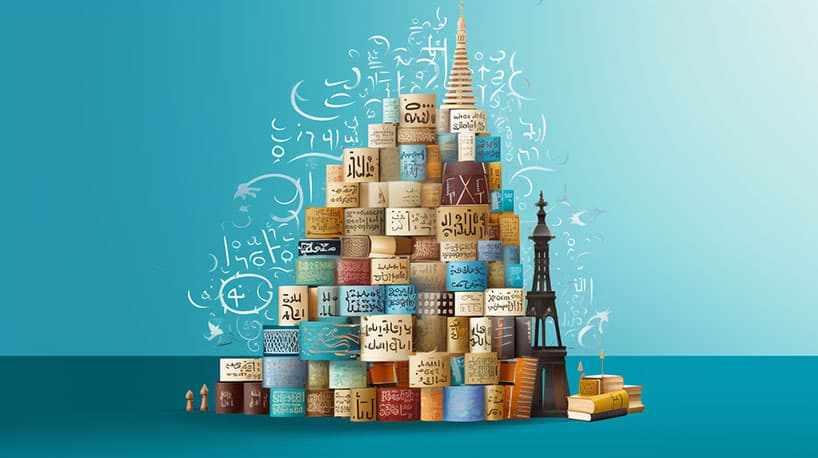  Toren gemaakt van taalboeken in verschillende talen