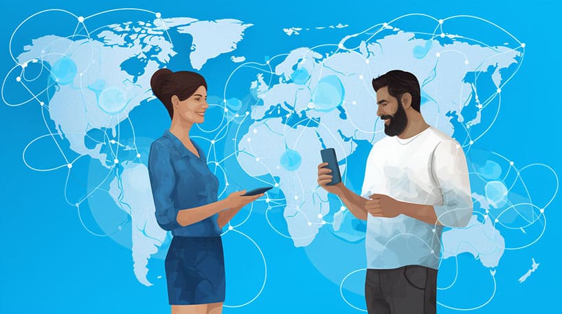 Koppel uit verschillende landen verbindt digitaal, internationale online relaties.