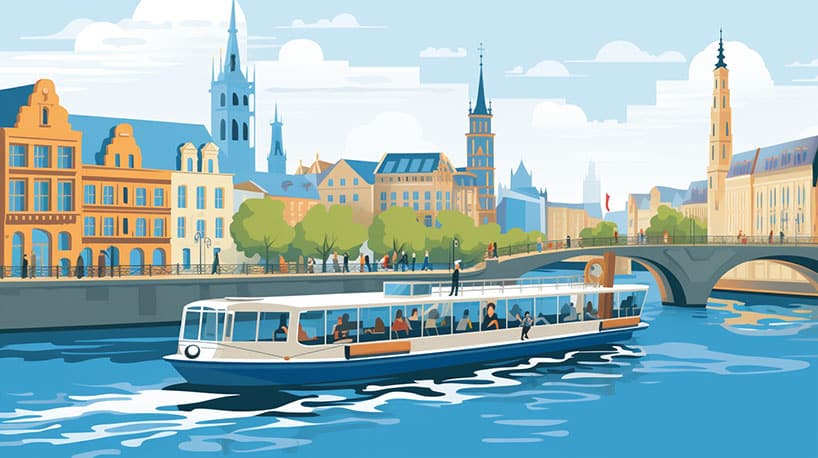 Riviercruise op de Schelde, boot, passagiers, historische gebouwen en bruggen.