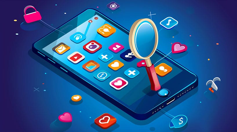 Smartphonescherm met diverse dating-app pictogrammen, vergrootglas symbool.