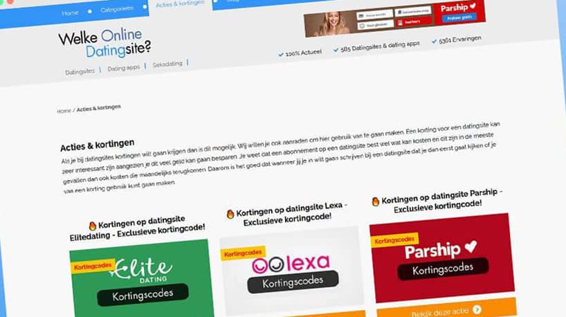 screenshot van online dating kortingcodes en acties op welkeonlinedatingsite.nl
